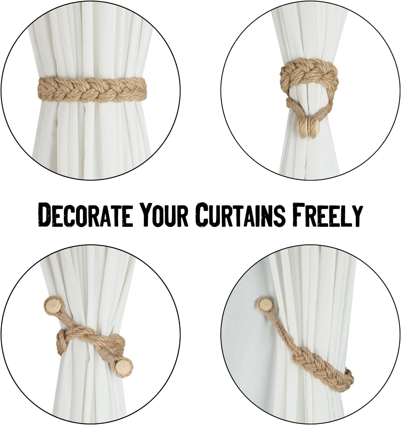 BEL AVENIR Magnetic Jute Curtain Tiebacks 4 Pack