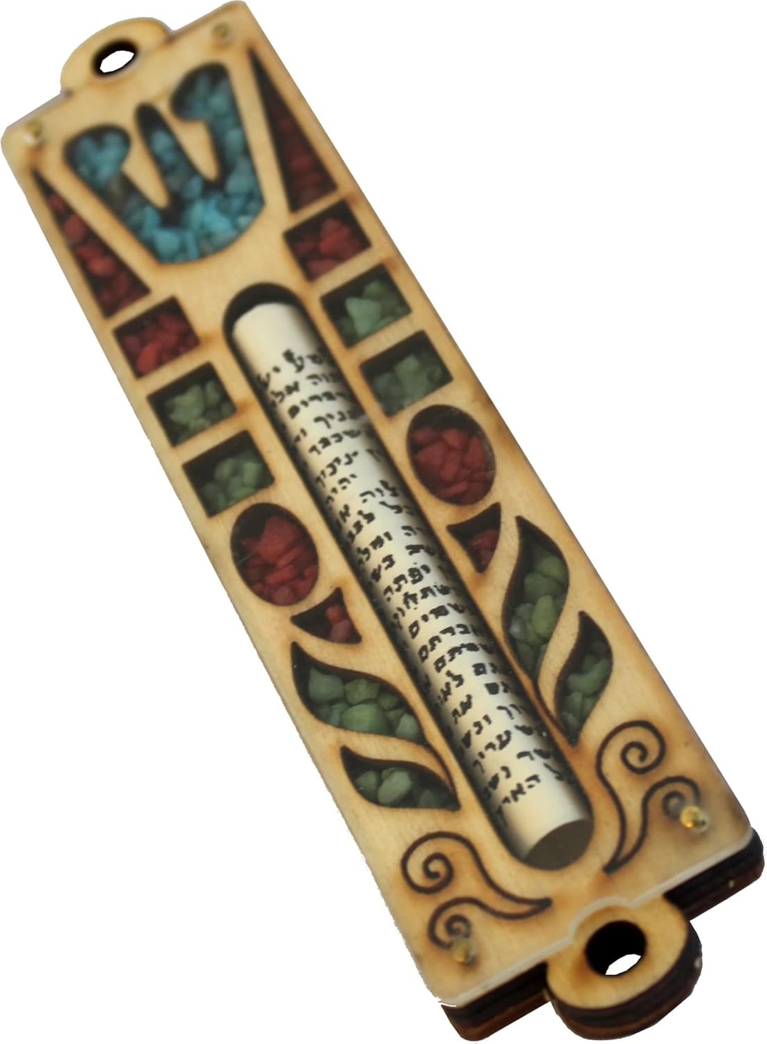 Holy Land Market Shin with Flowers Mezuzah - 3 Layers Wooden