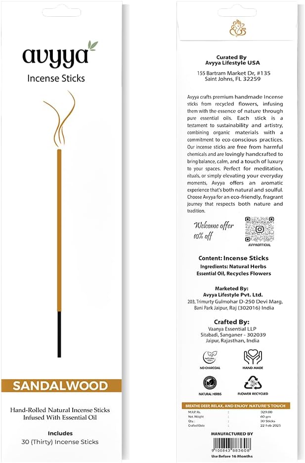 Avyya Hand Rolled Incense Sticks 30 Pack Sandalwood Charcoal-Free