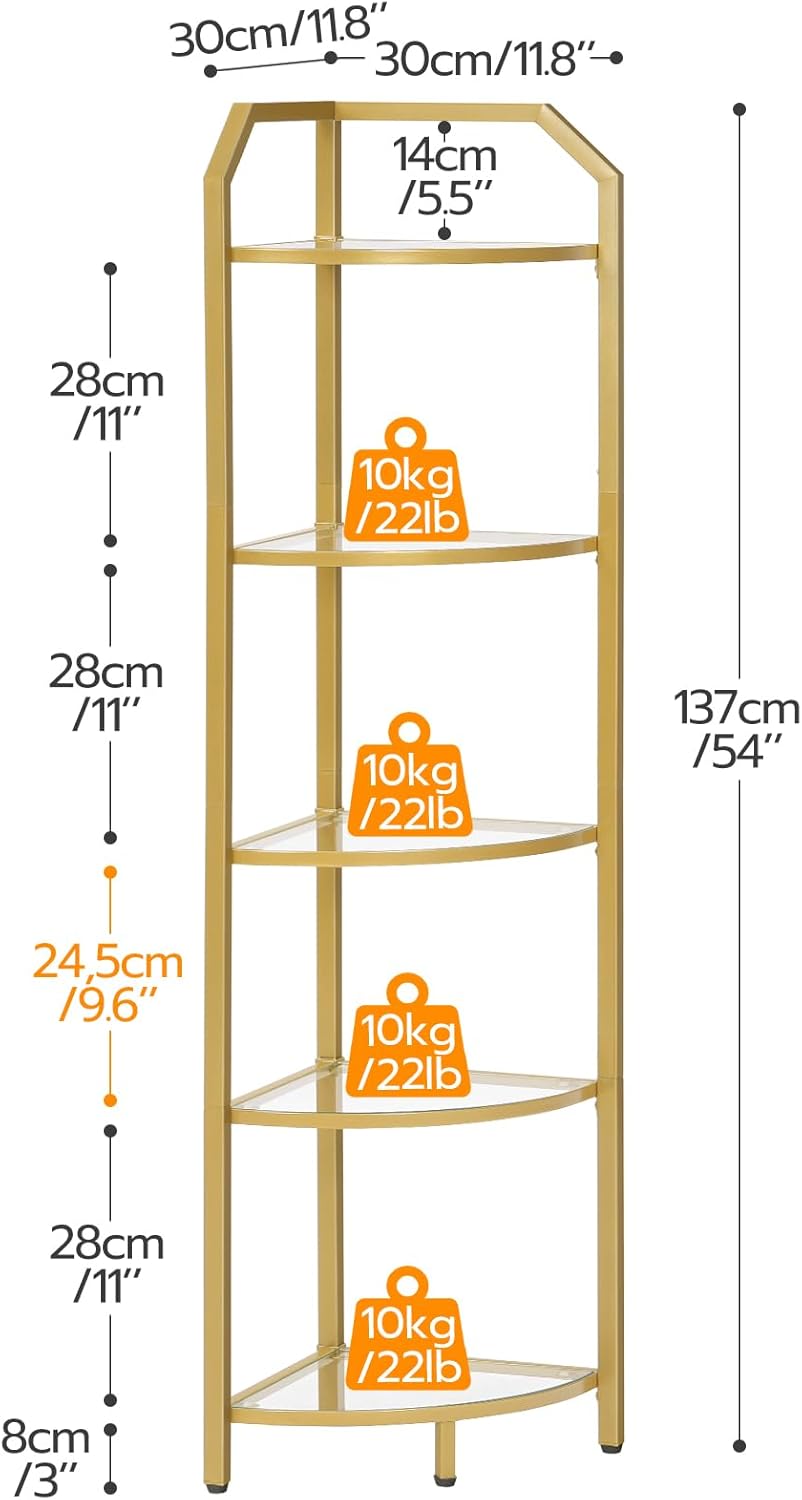 HOOBRO 5-Tier Corner Shelf Stand Gold Tempered Glass Modern Style GD15CJ01