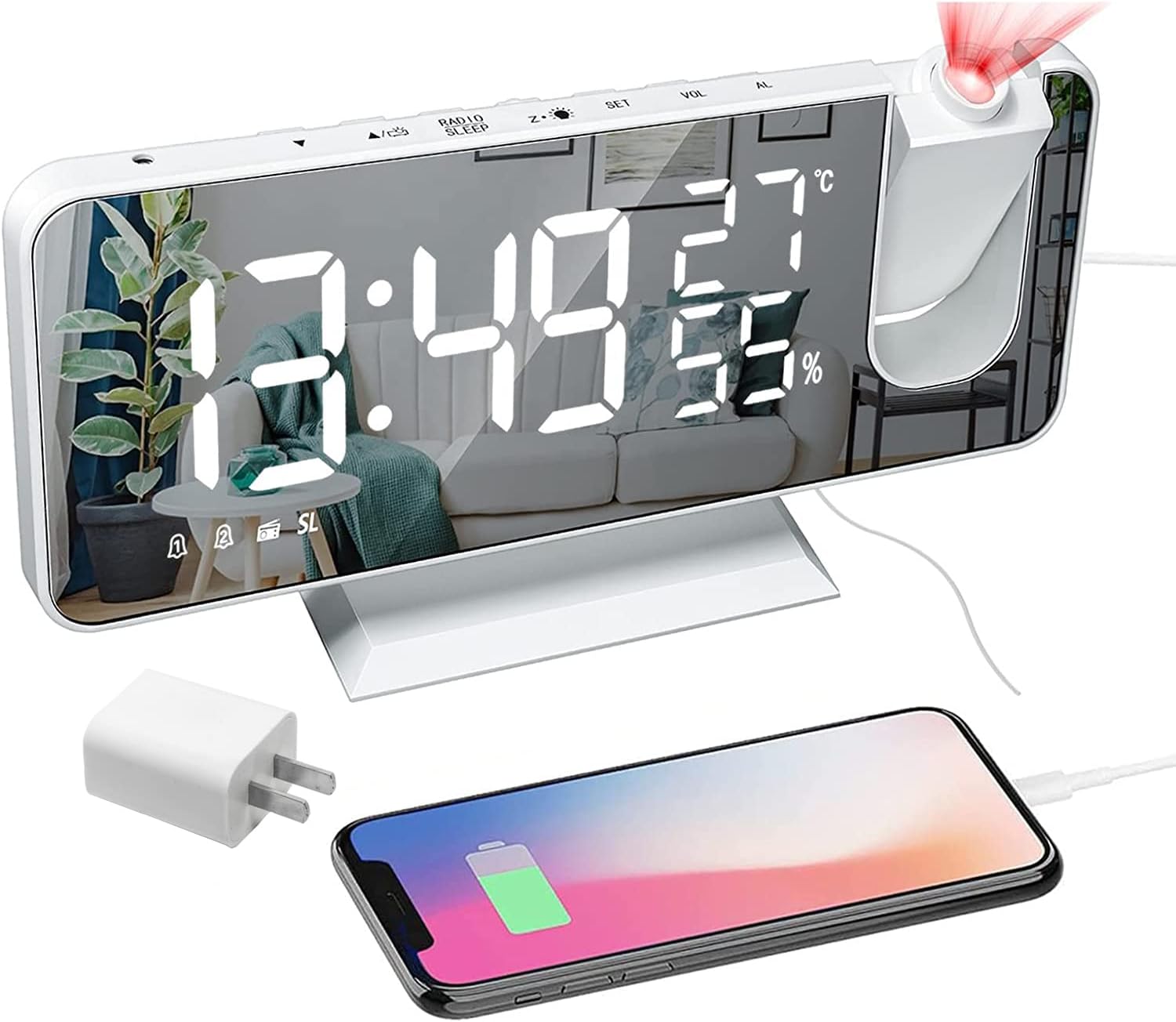 Hanaix Projection Alarm Clock with USB Temperature Humidity Display 73 Mirror Screen 24H Snooze Dual Alarm