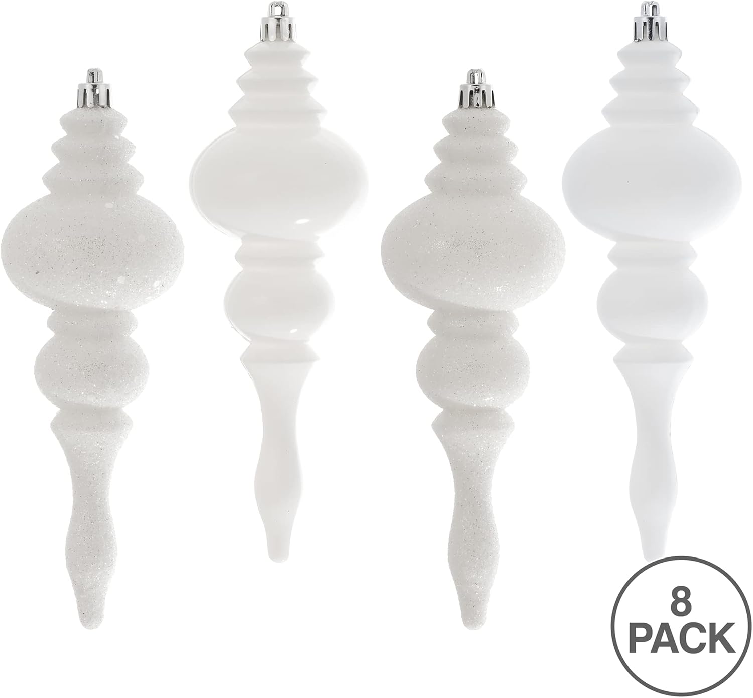 Vickerman 7 Inch White Finial Ornament 8 Pack