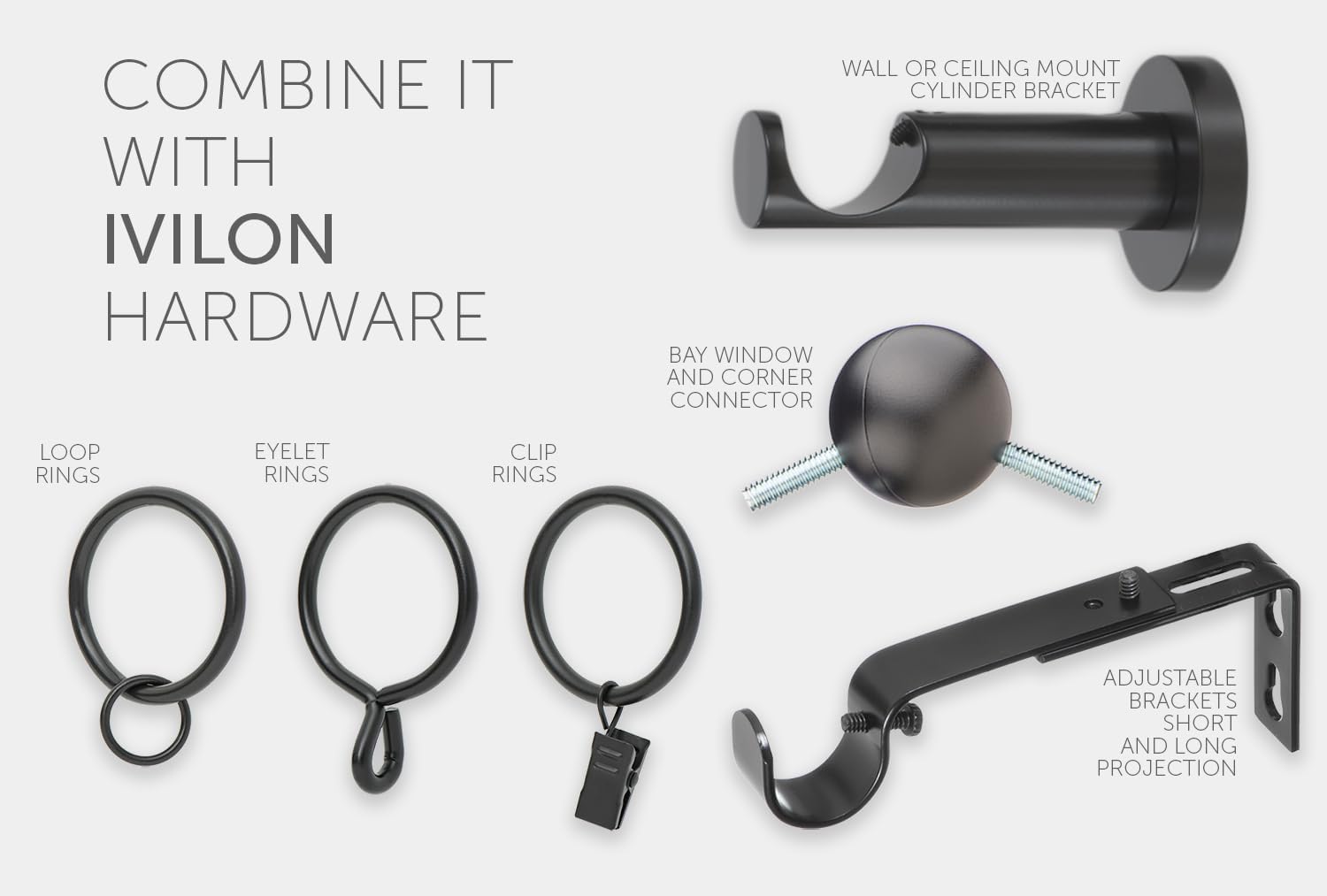 Ivilon Black Curtain Rods 1 Inch Diameter Modern Window Treatment 28 to 48 Inches