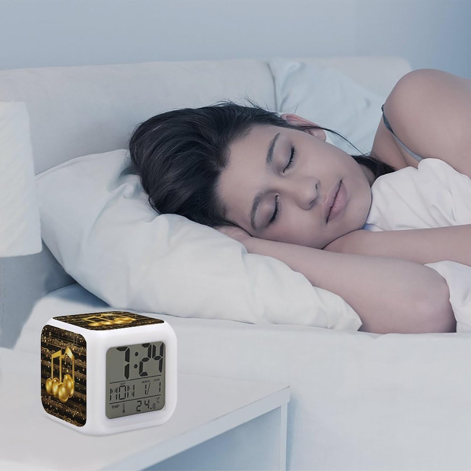 Gold Musical Note with Shiny Star Alarm Clock with LED Display and 7 Color Night Light