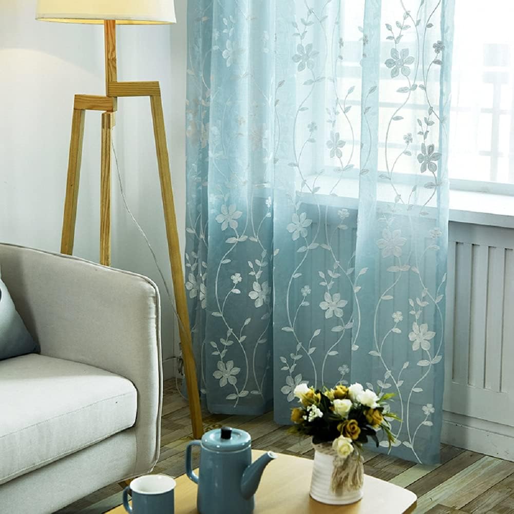 Iuokuby Natural Voile Curtains with Flower Embroidery Blue 2 Panels
