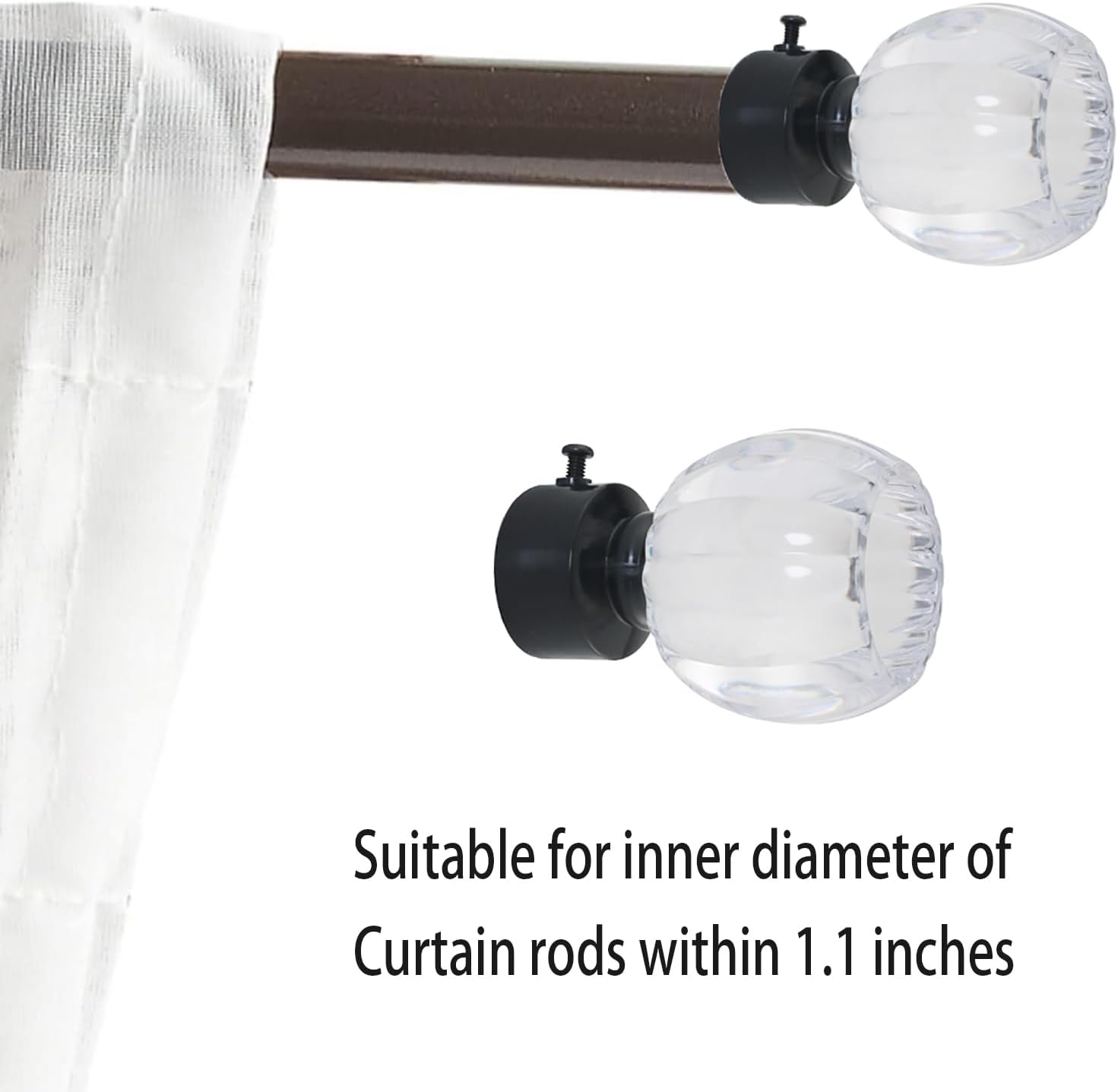 2PCS Clear Crystal Curtain Rod Ends with Adjustable Screws