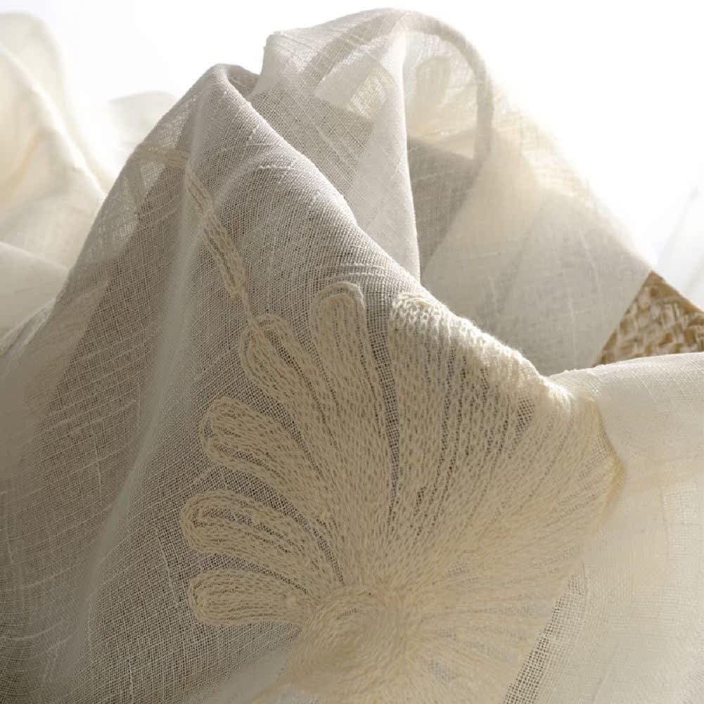 White Semi Sheer Linen Cotton Embroidery Curtain Panel