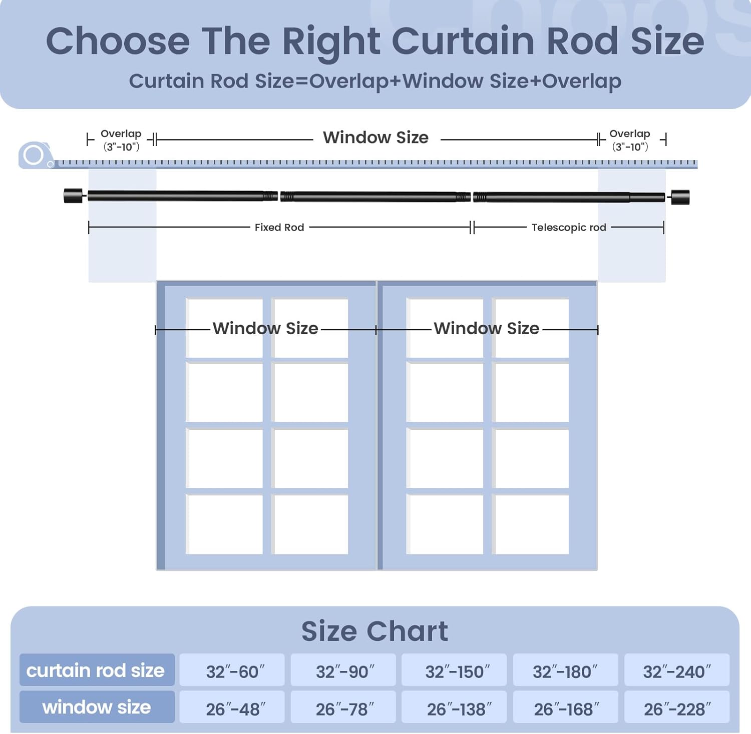 Adjustable Black Curtain Rod 32-60 Inches Heavy Duty