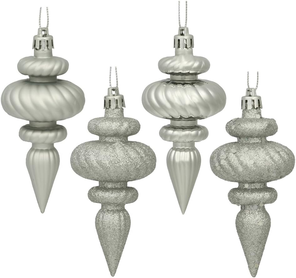 Vickerman 4-Inch Silver Finial Ornament Set - 8 Pack with 4 Finishes