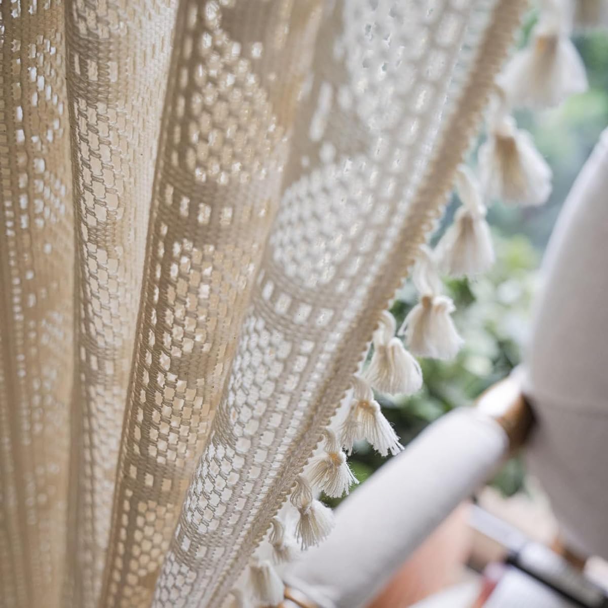 Bringsine Boho Cotton Curtains with Macrame Tassels 59x63 Inches Beige Panel