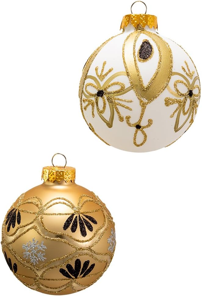 Kurt Adler 80MM Glass Gold and White Art Deco Ornaments 6 Piece Set