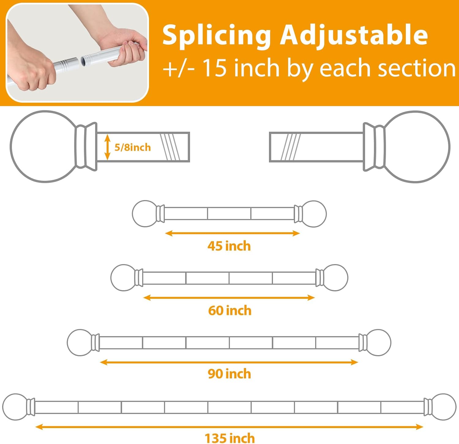 Adjustable Metal Curtain Rods with Round Finials 30-45 Inches