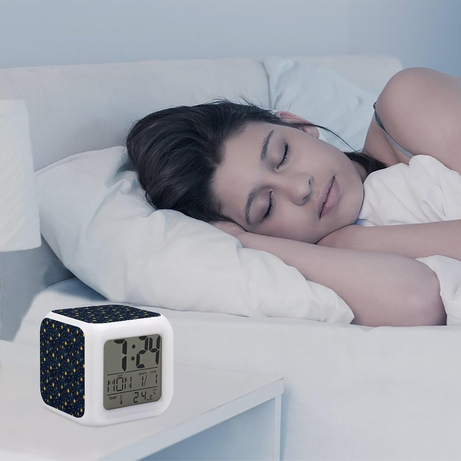 Yellow Star Sun Print Digital Alarm Clock with Night Light