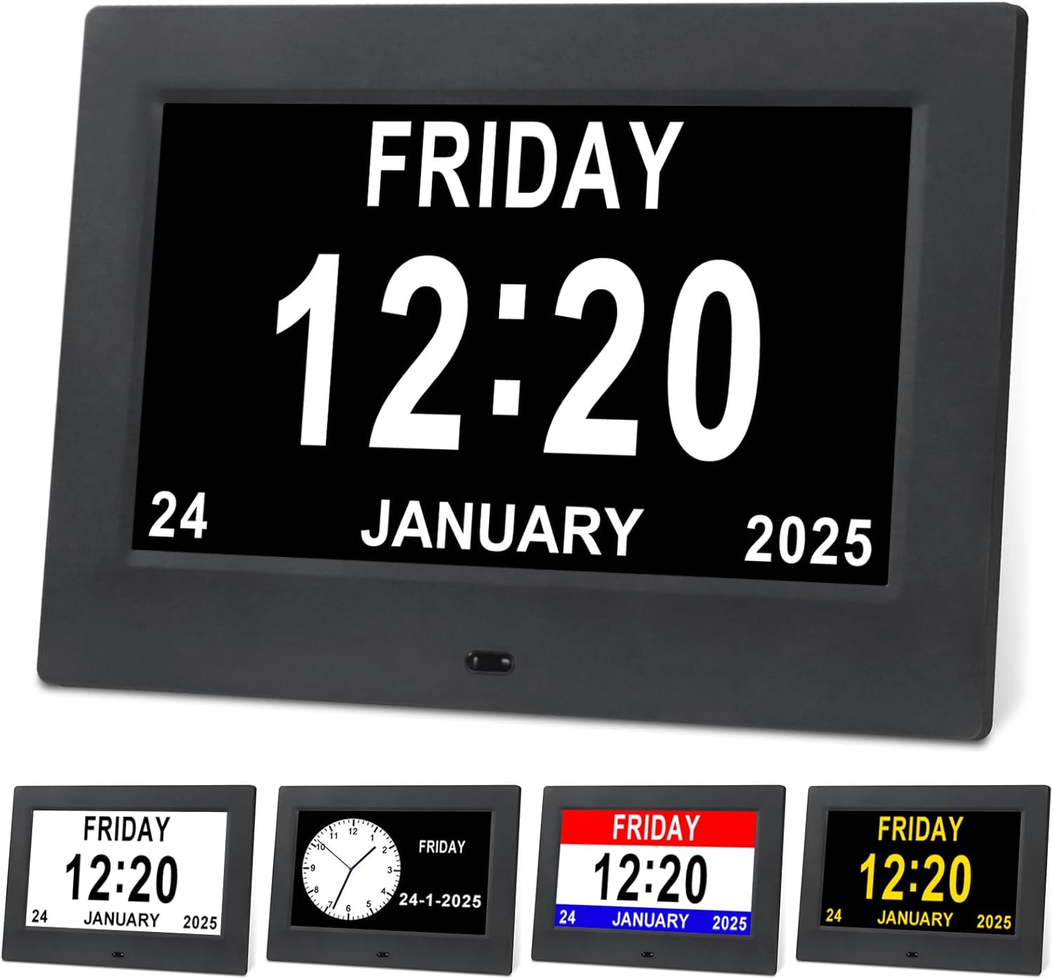 Large Black Dementia Clock with Day Date and 12 Alarms