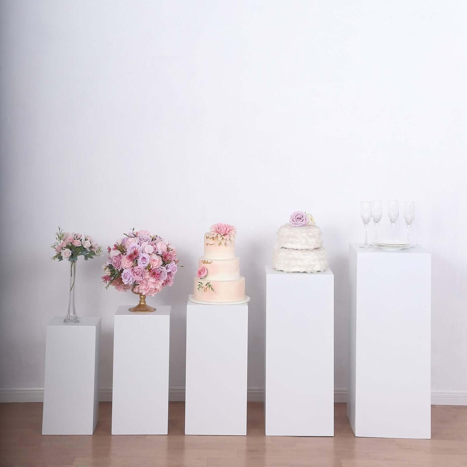 Set of 5 White Metal Rectangular Display Pedestals