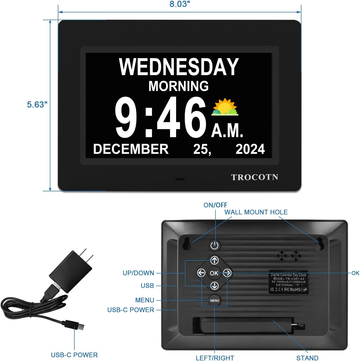 TROCOTN Dementia Clock 7 Inch Wall Display