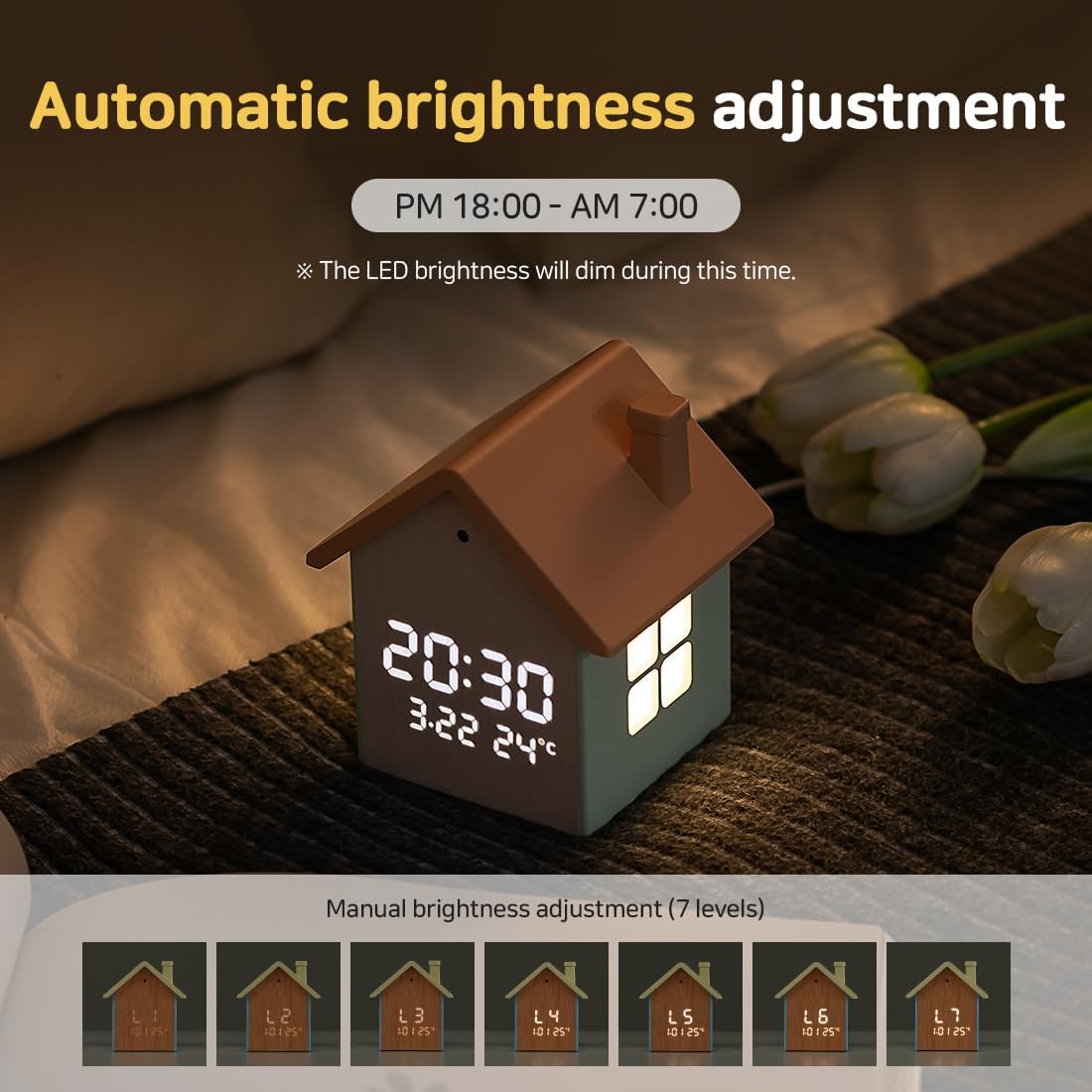 FLAITO Mood Home LED Table Clock - House-Shaped Night Light with Auto-Dimming and Snooze