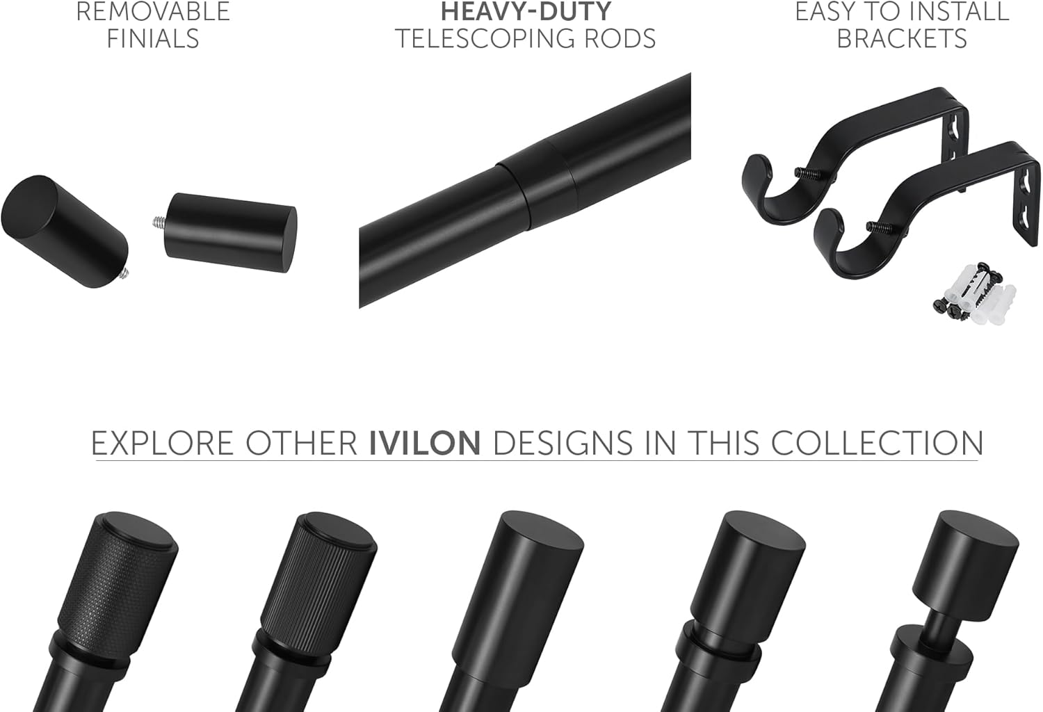 Ivilon Black Curtain Rods 1 Inch Diameter Modern Window Treatment 28 to 48 Inches