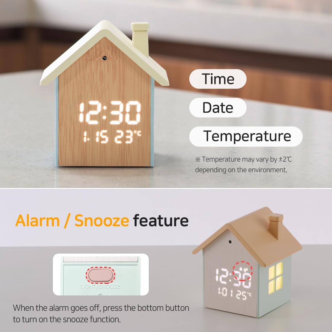 FLAITO Mood Home LED Table Clock - House-Shaped Night Light with Auto-Dimming and Snooze