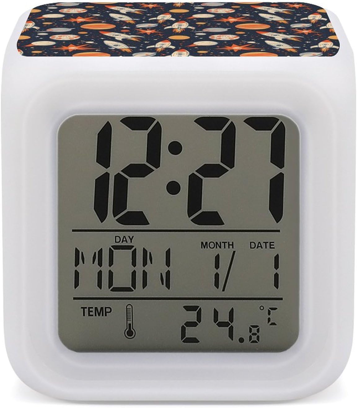Star Rocket Planet Print Cute Digital Alarm Clock with Night Light