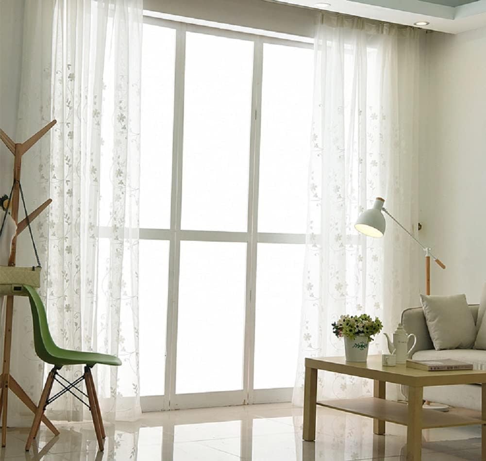 Iuokuby Gorgeous Design Semi Sheer Curtains with Small White Flowers Rod Pocket Top 2 Panels