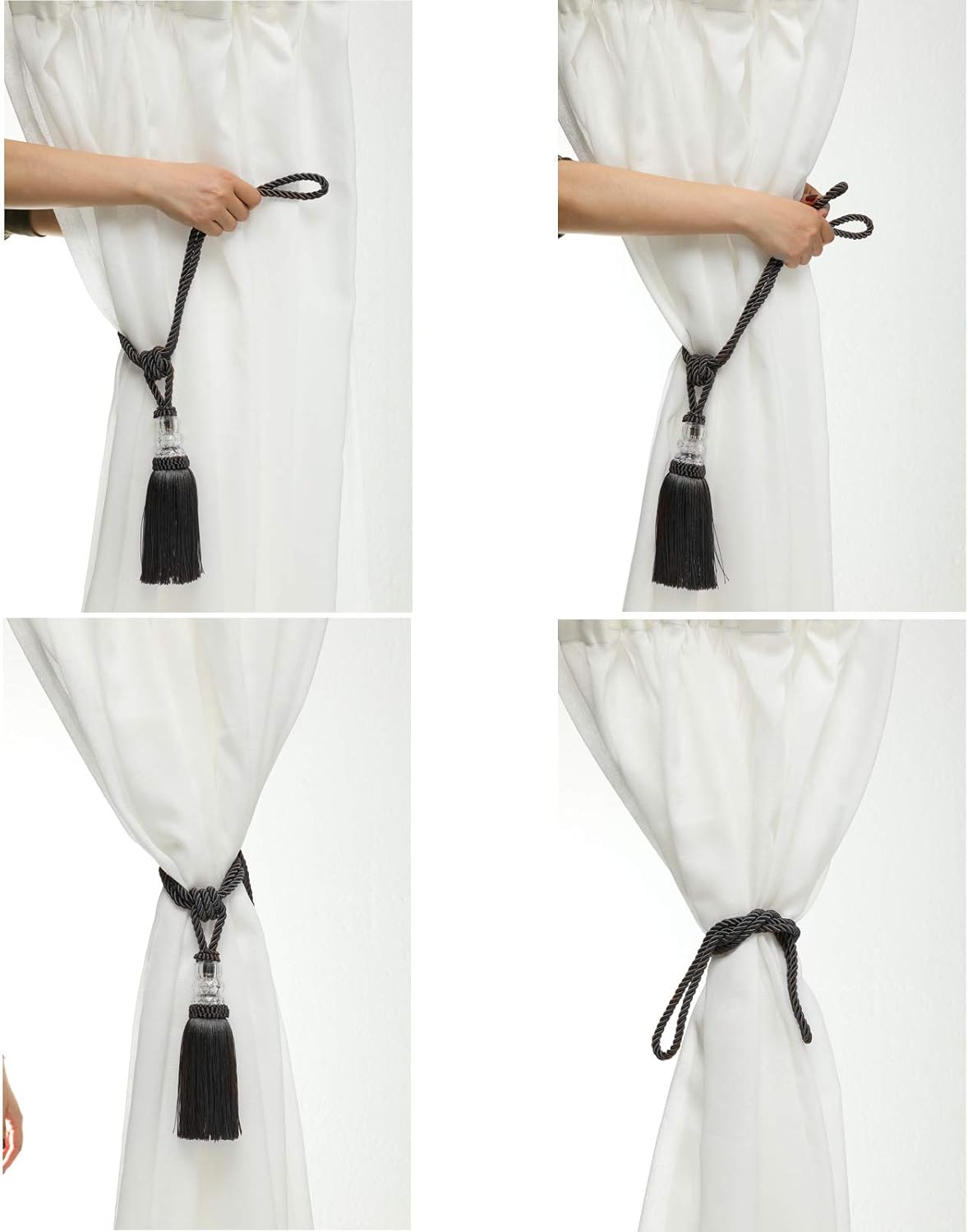 Fenghuangwu Tassel Curtain Tiebacks Elegant Crystal Holdbacks for Home Office Decor Charcoal 2P