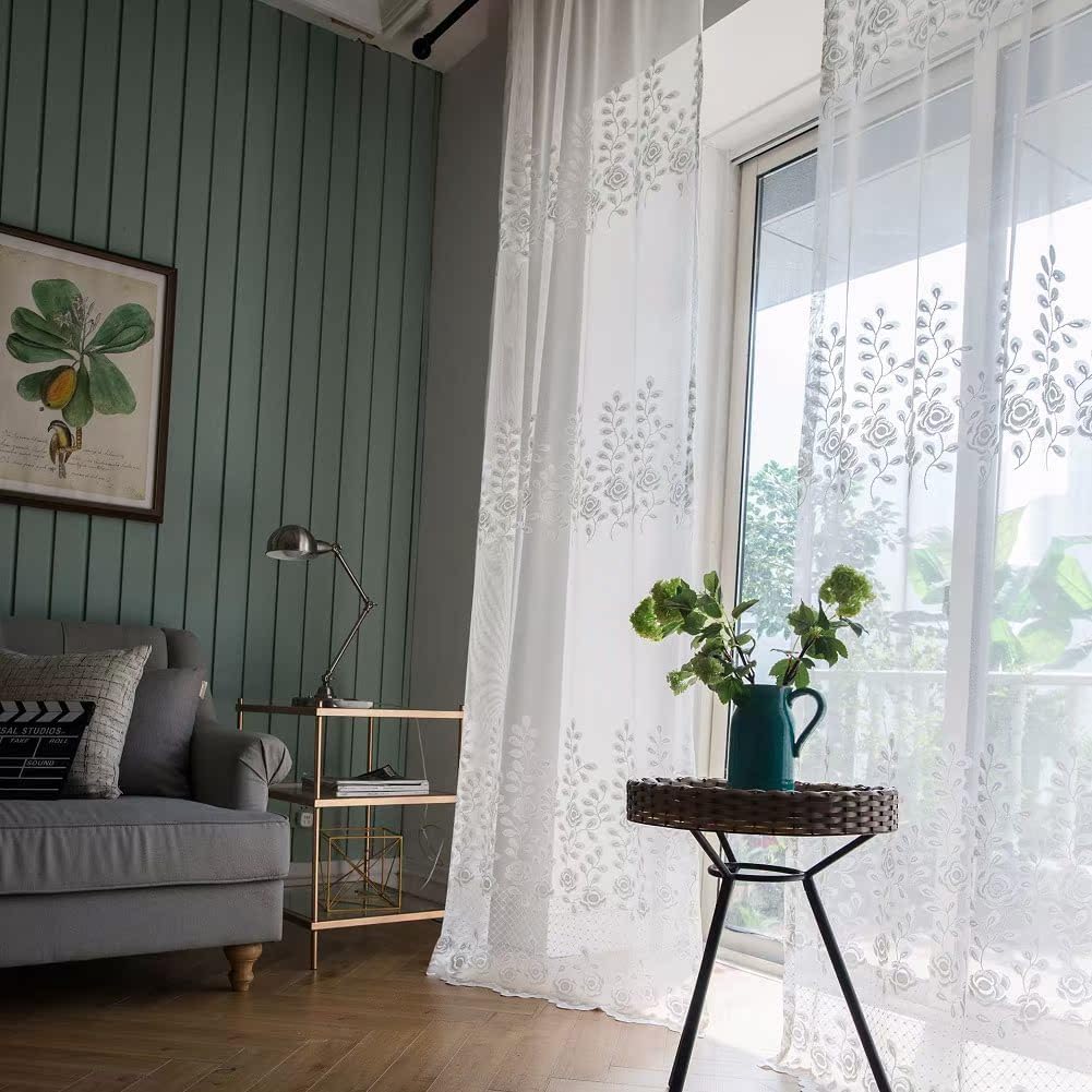 Pastoral Leaves Embroidery Sheer Curtains Panel White 52x63 Inch