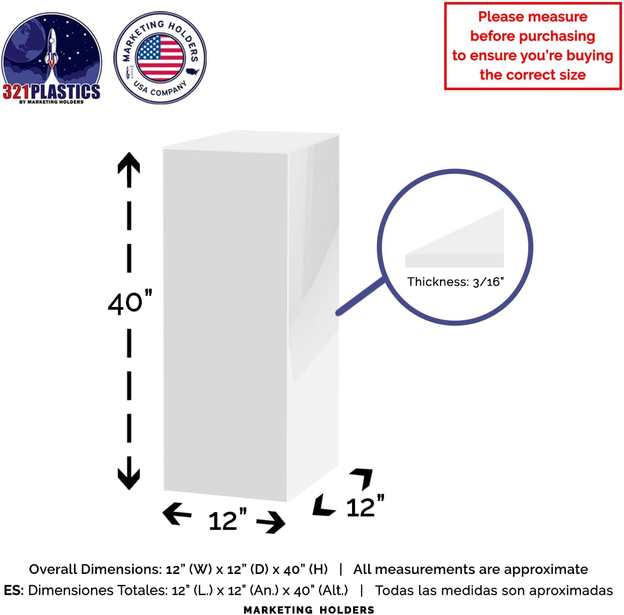 Tall White Acrylic Display Cube No Lid 12x12x40