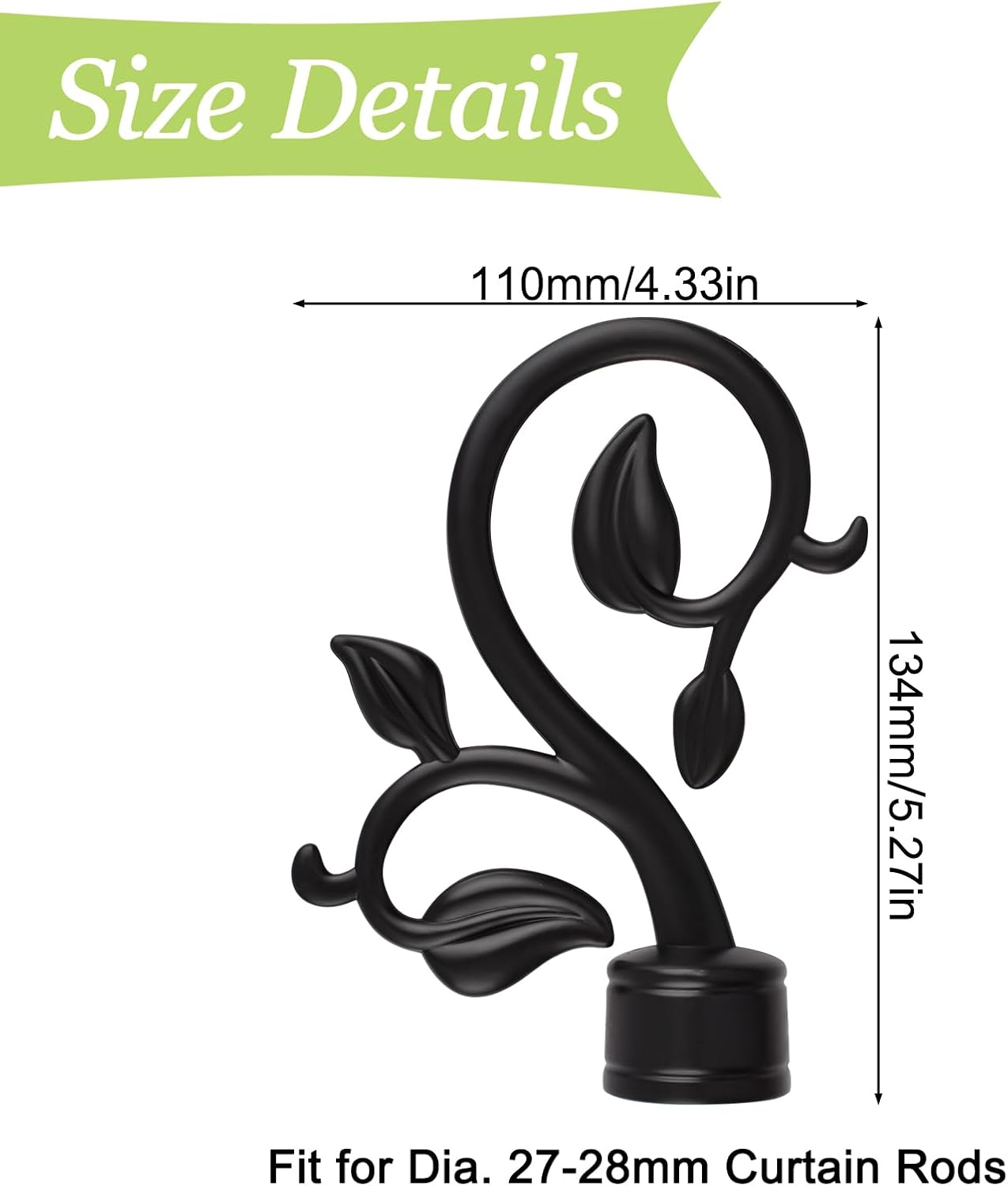 6Pcs Black Plastic Curtain Rod Caps with Leafy Branches Design