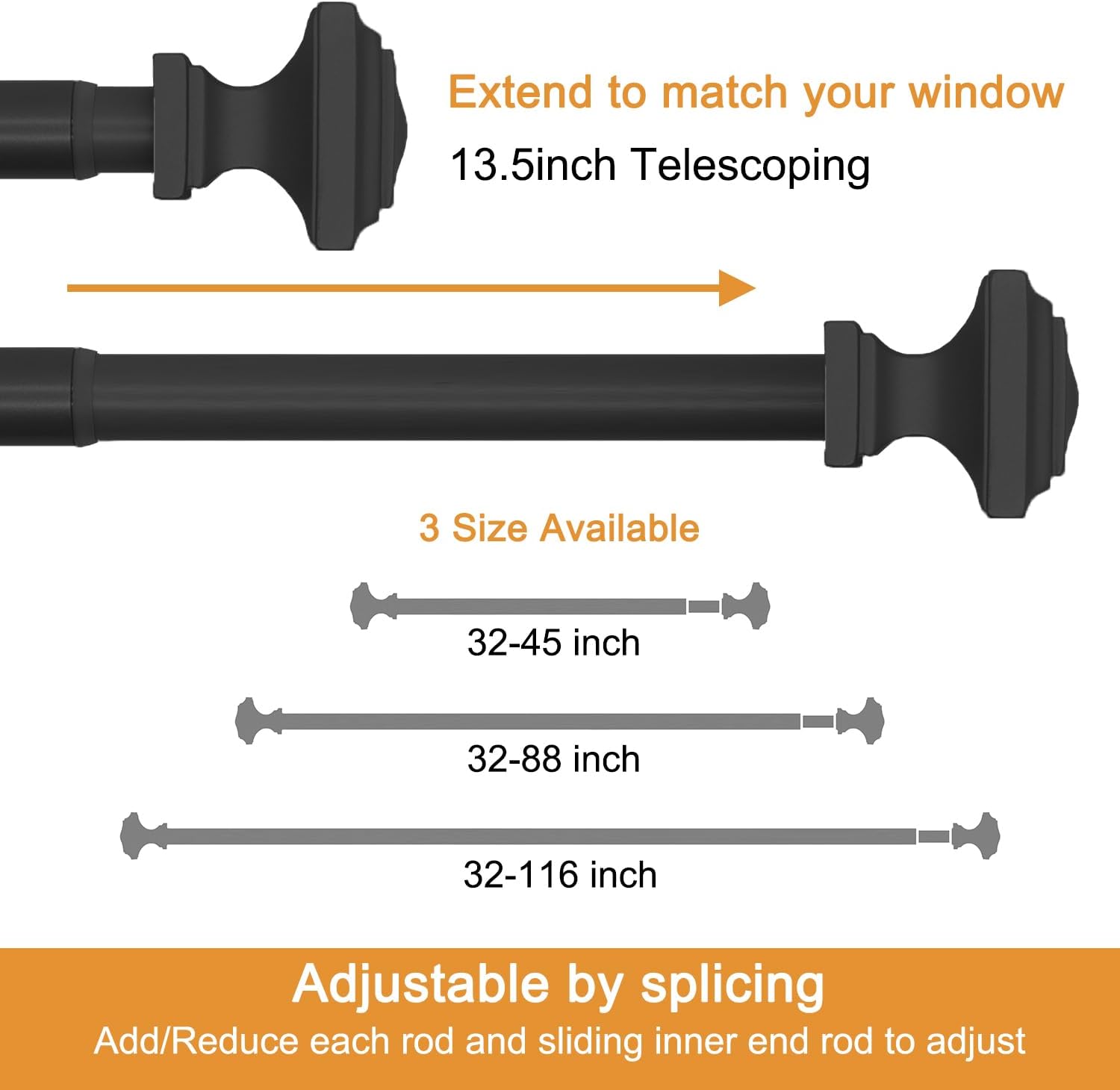 QITERI Black Adjustable Curtain Rod 32-88 Inches