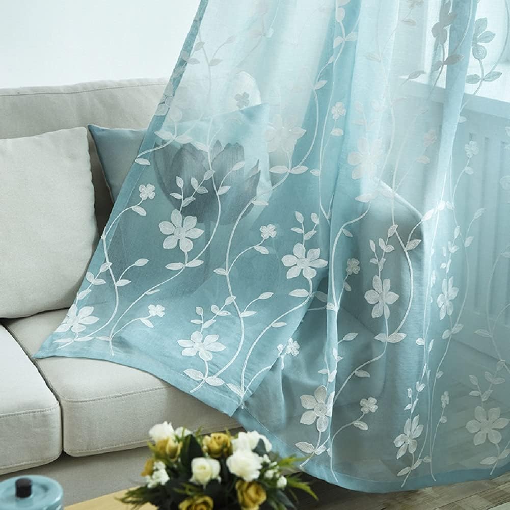 Iuokuby Natural Voile Curtains with Flower Embroidery Blue 2 Panels