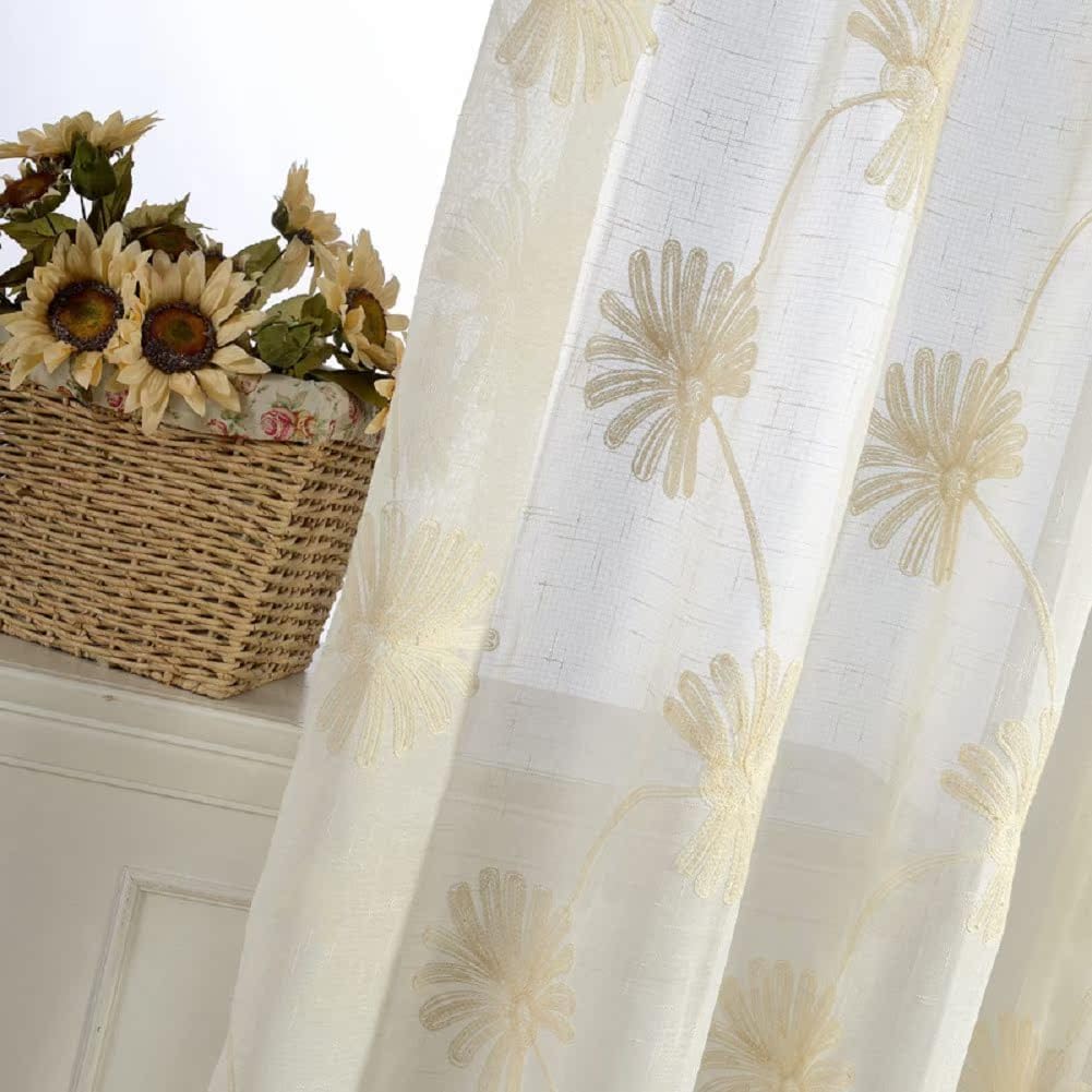 White Semi Sheer Linen Cotton Embroidery Curtain Panel