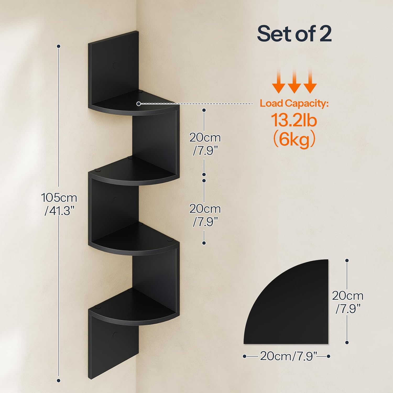 HOOBRO 4-Tier Floating Corner Shelves Set of 2 Black