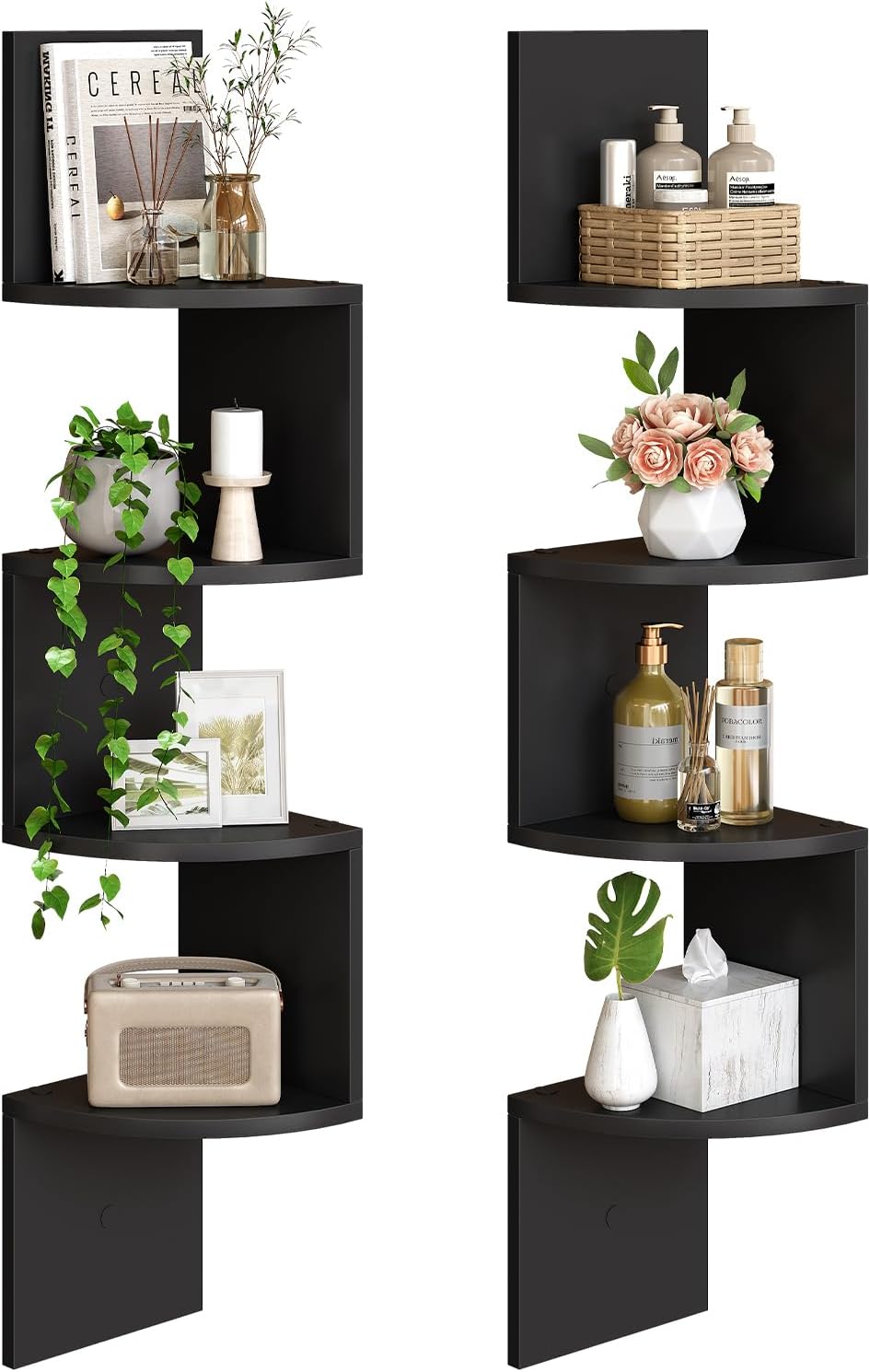 HOOBRO 4-Tier Floating Corner Shelves Set of 2 Black