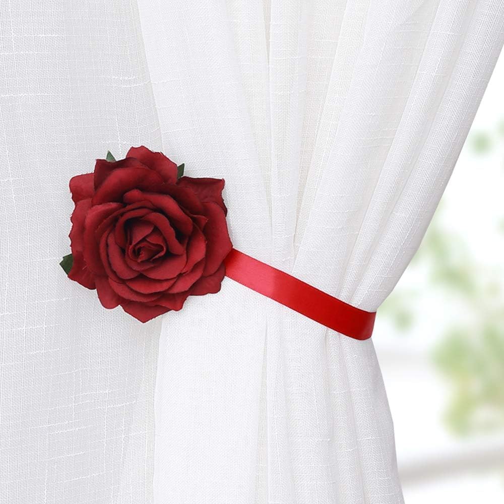 COSLANLEE Magnetic Rose Curtain Tiebacks 2 Pack Red
