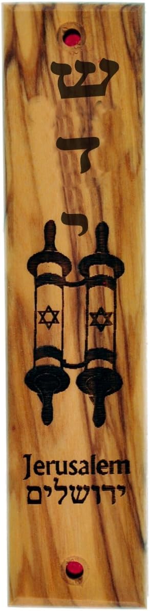 Olive Wood Mezuzah Engraved with Jerusalem and Shemot