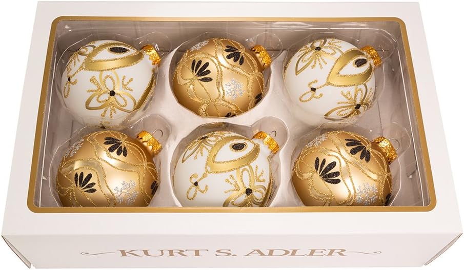 Kurt Adler 80MM Glass Gold and White Art Deco Ornaments 6 Piece Set