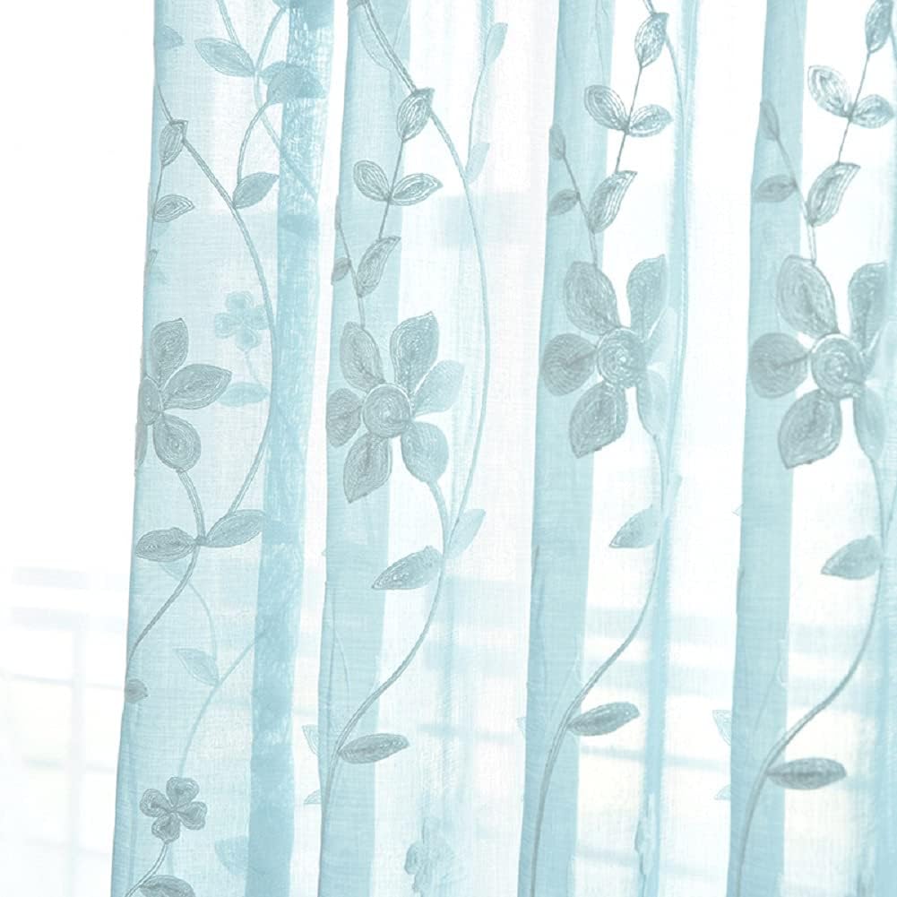 Iuokuby Natural Voile Curtains with Flower Embroidery Blue 2 Panels