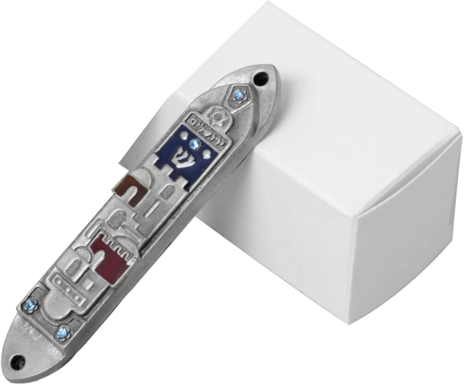 Holy Land Market Pewter Mezuzah with Blue and Red Enamel Inserts
