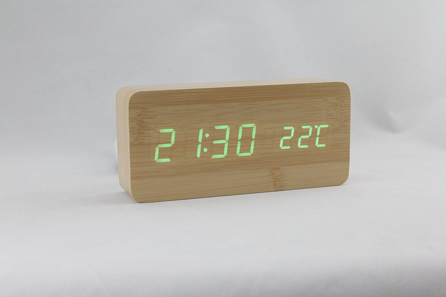 Yirong Battery Powered Rectangle Wood Grain LED Alarm Clock with Date and Temperature Display
