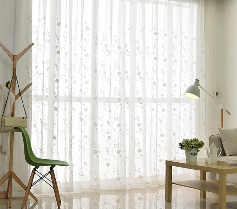 Iuokuby Gorgeous Design Semi Sheer Curtains with Small White Flowers Rod Pocket Top 2 Panels