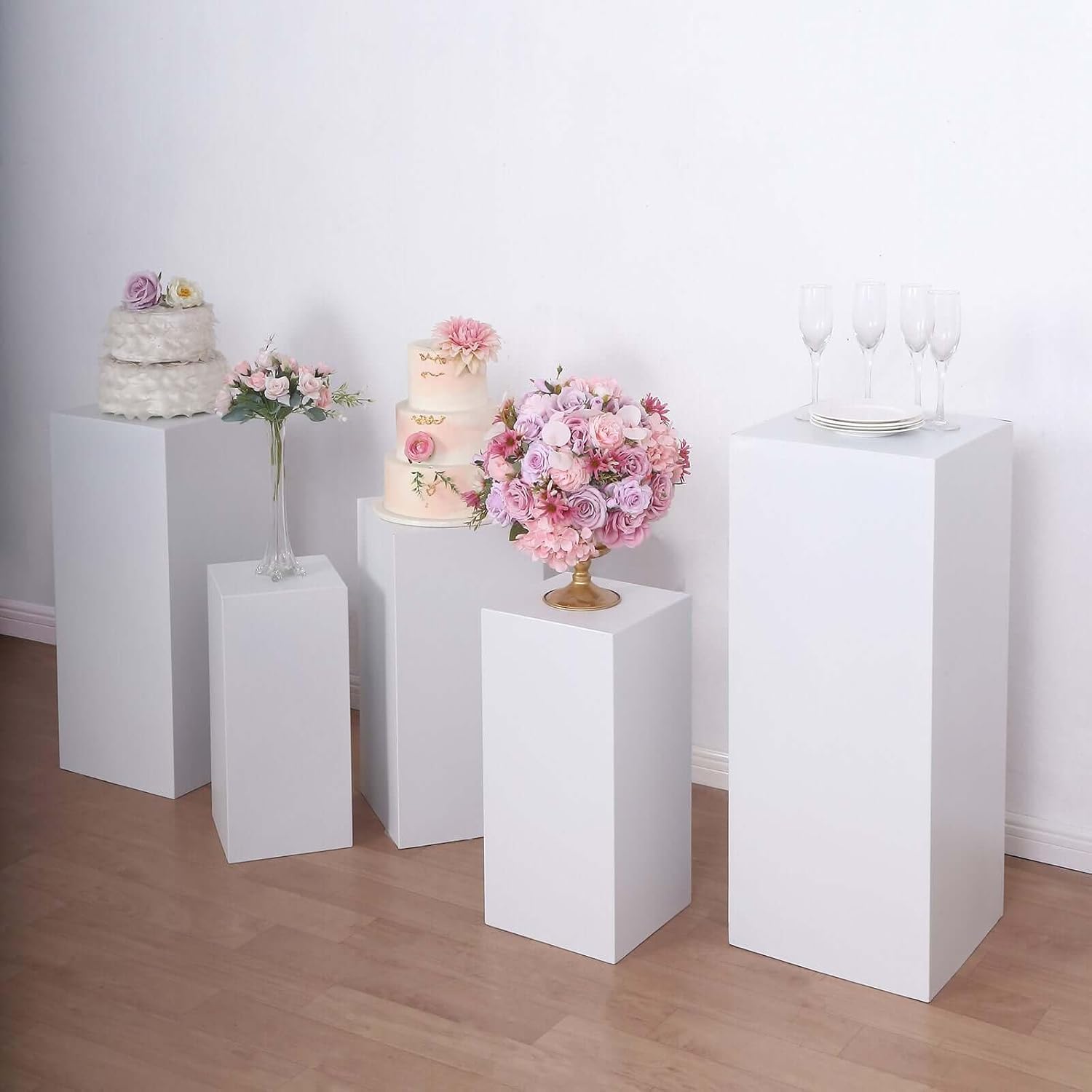 Set of 5 White Metal Rectangular Display Pedestals