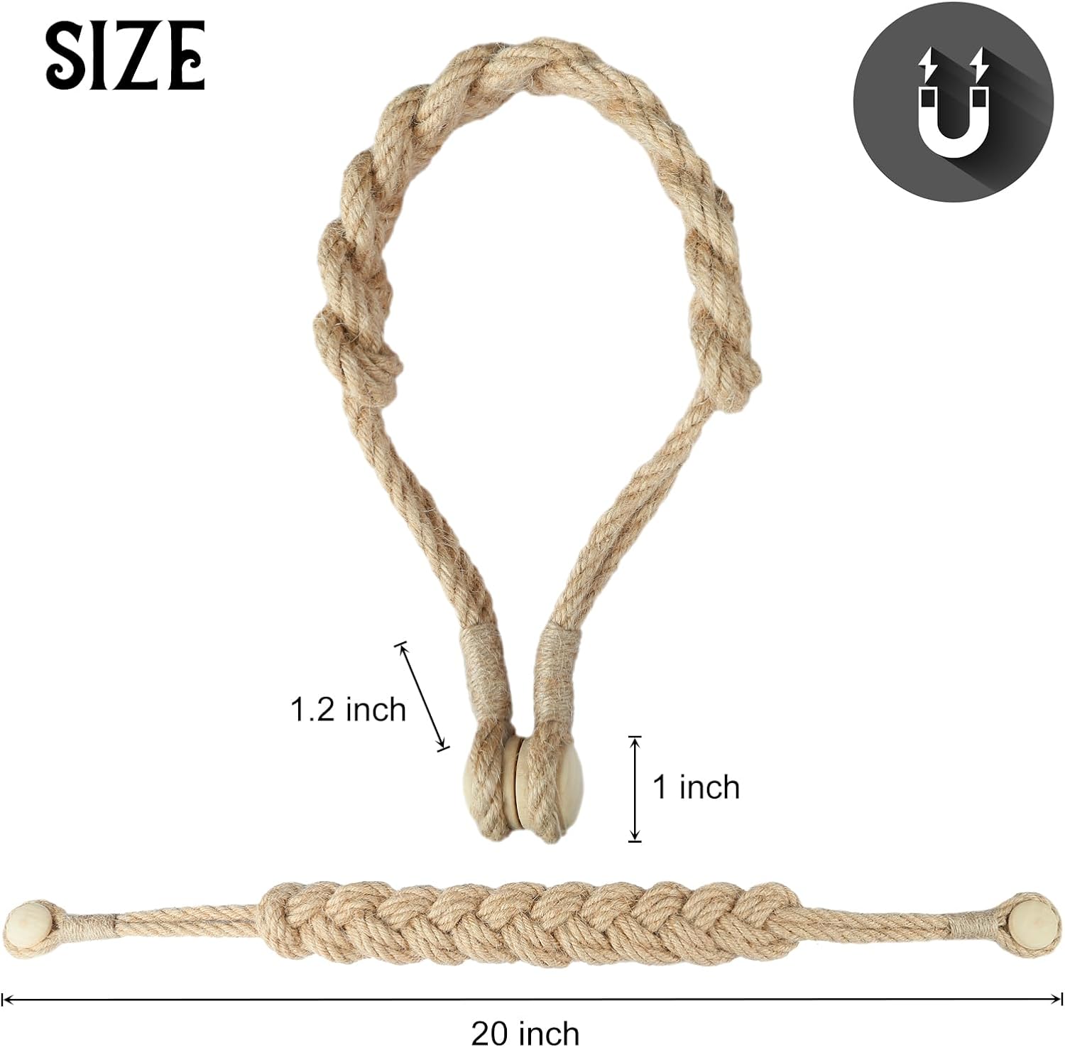 BEL AVENIR Magnetic Jute Curtain Tiebacks 4 Pack