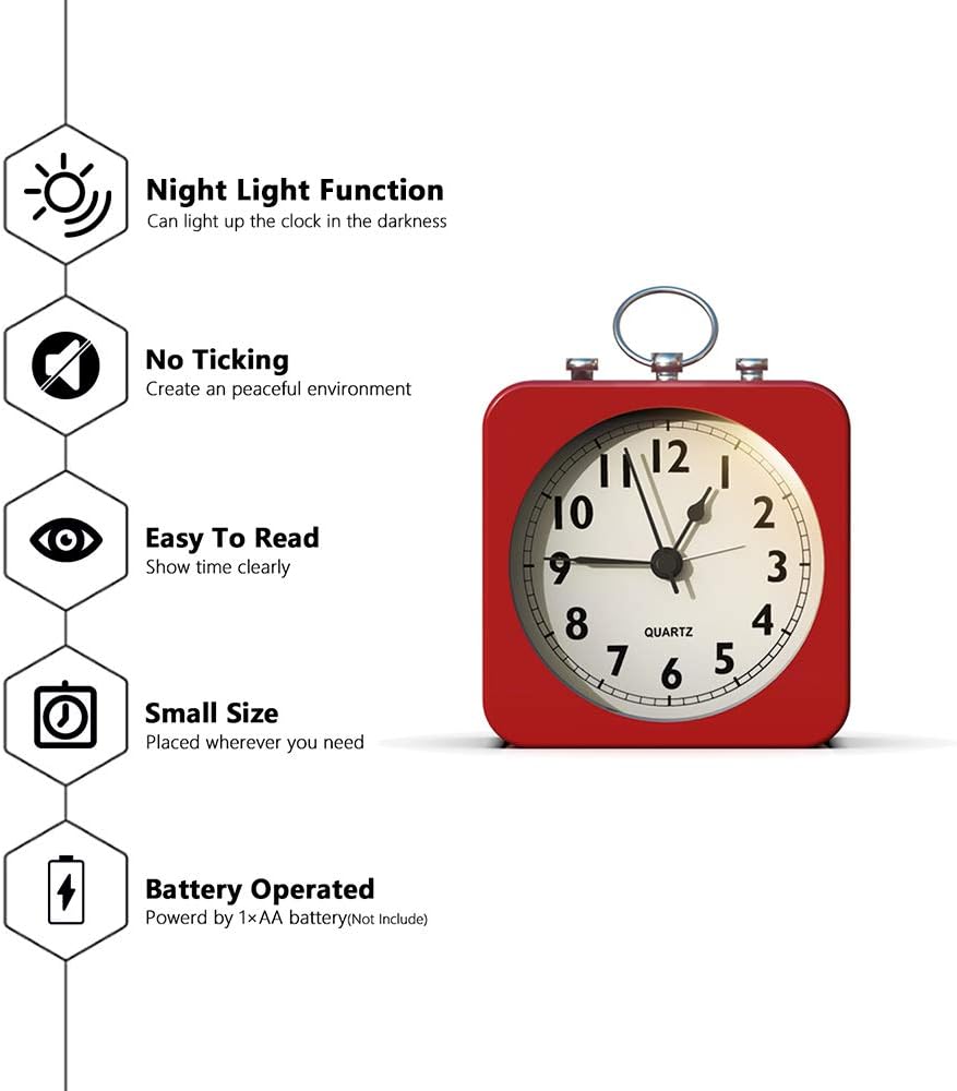 AYRELY Battery Operated Alarm Clock with Square Metal Case Red