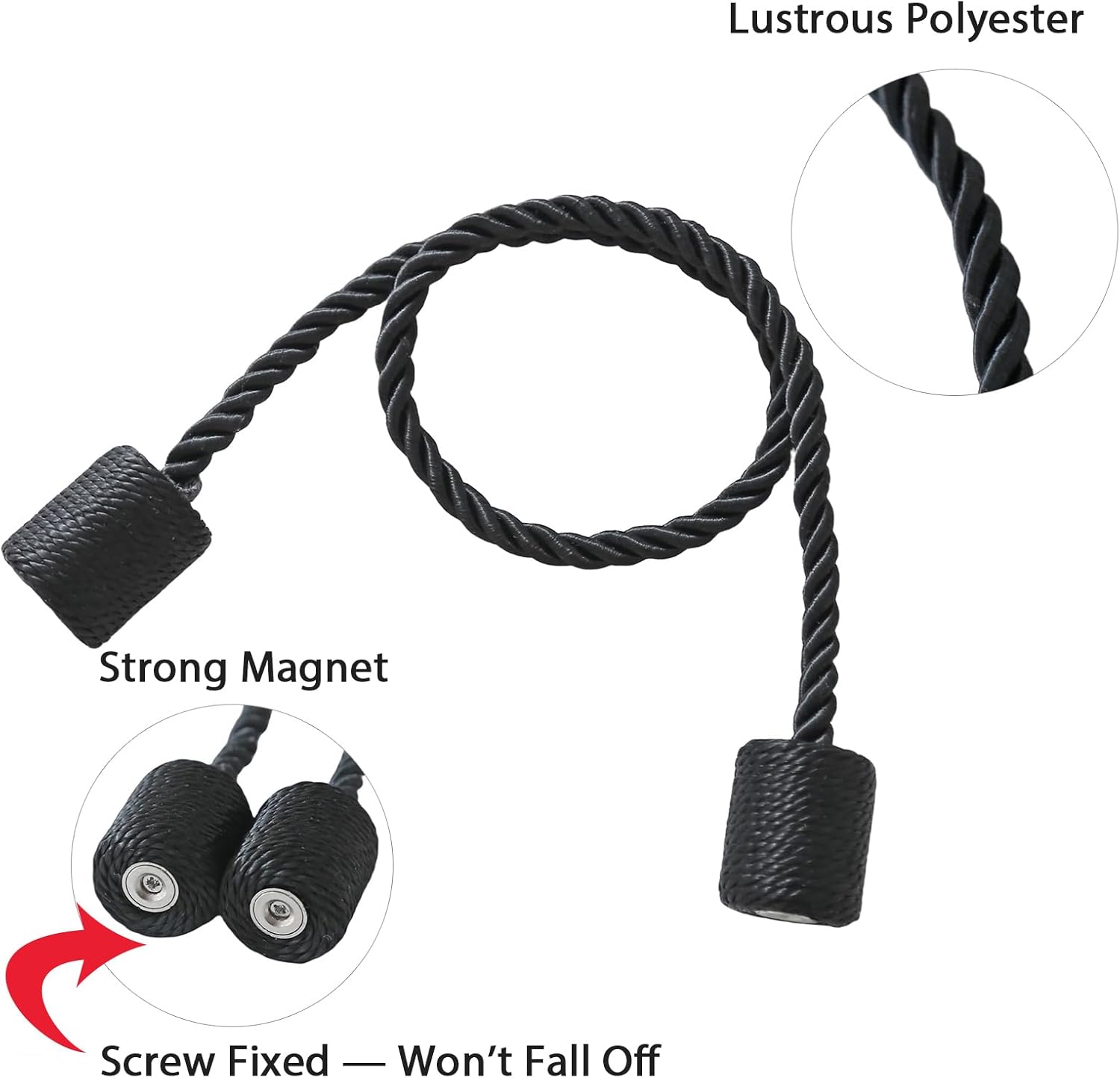 2 Pack Black Magnetic Curtain Holdbacks - Strong Tangle-Free