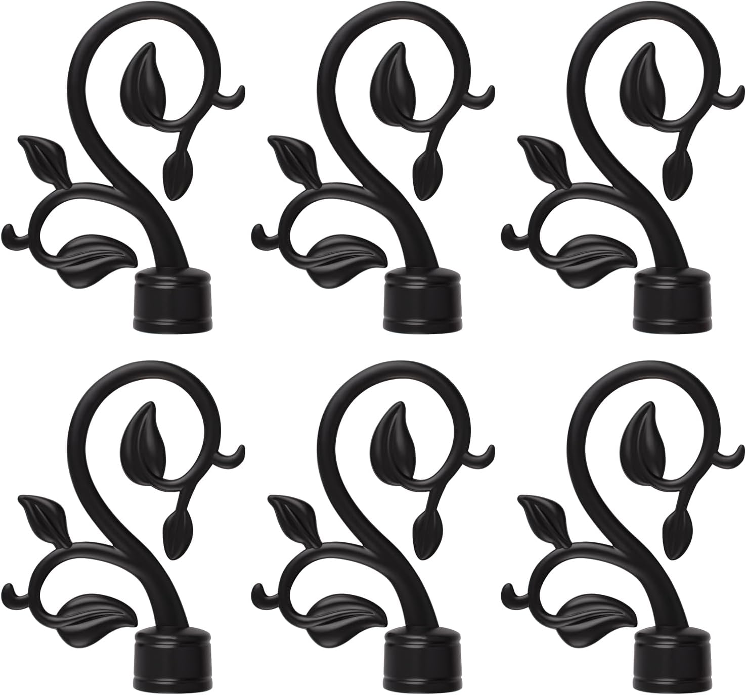 6Pcs Black Plastic Curtain Rod Caps with Leafy Branches Design