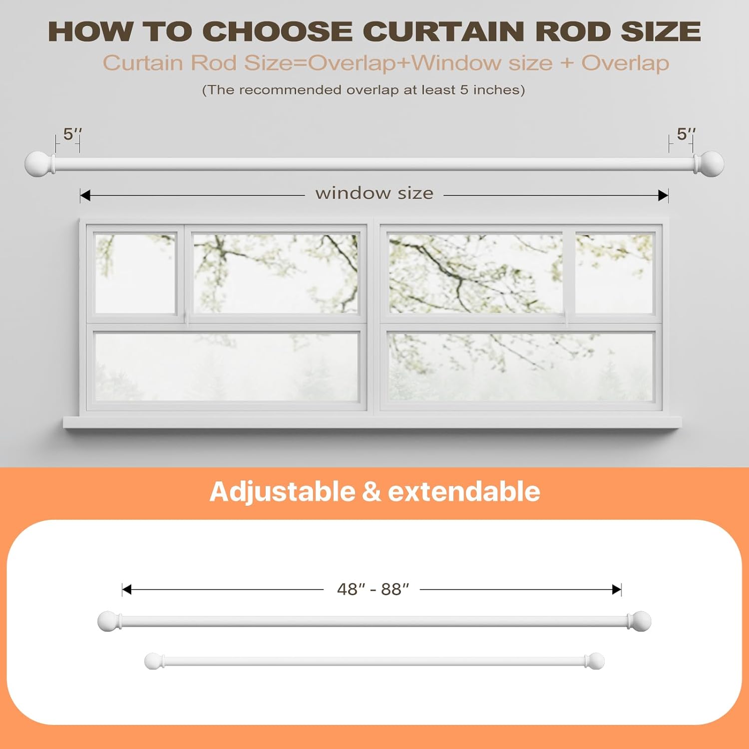 White Curtain Rods 48-84 Inch Adjustable Heavy Duty Metal Rod Set with Brackets