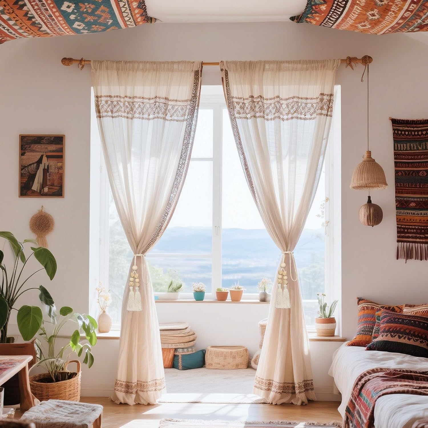 NICEEC 2 Pack Cotton Rope Tassel Curtain Holdbacks Boho Style Decorative Curtain Tiebacks