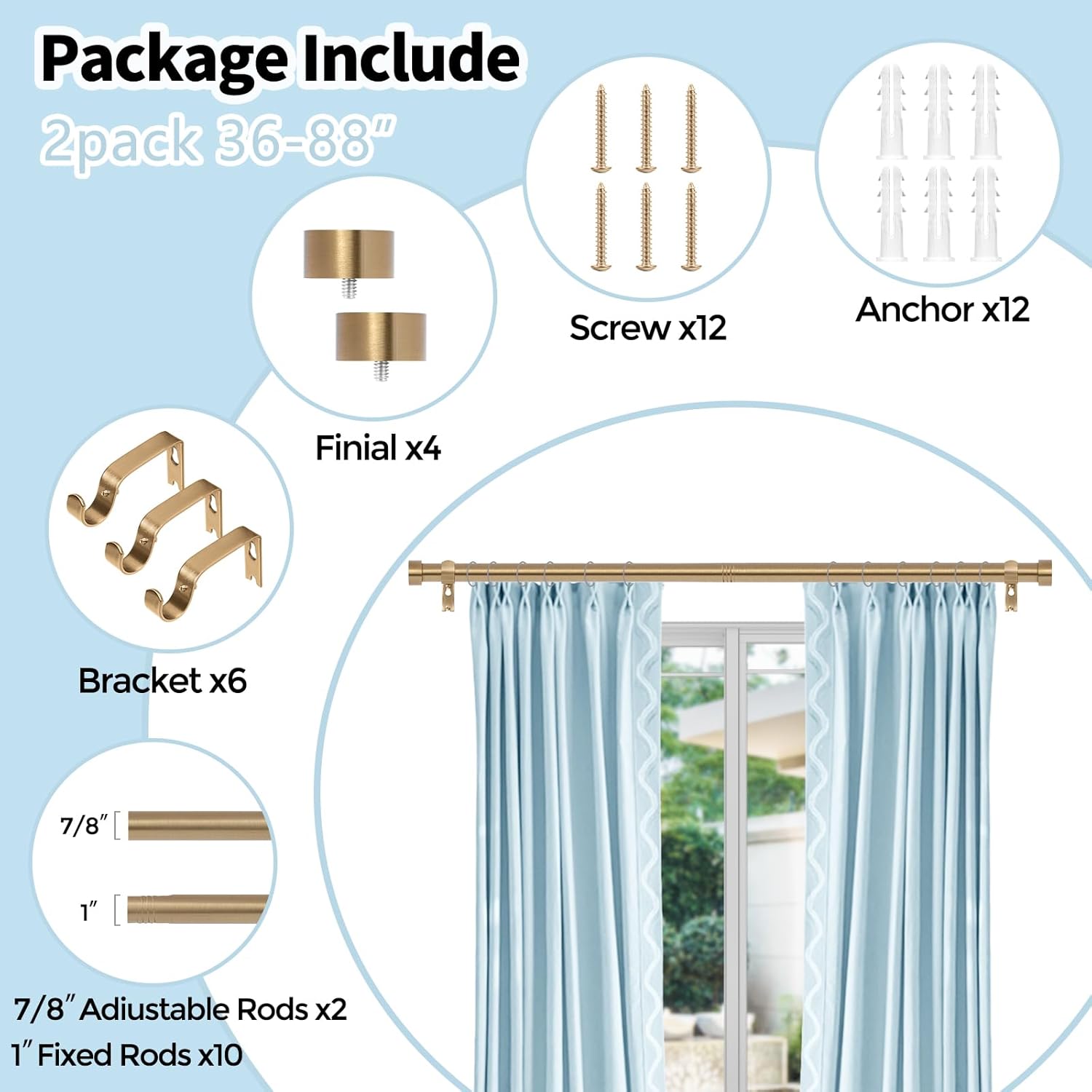 2 Pack Warm Gold Curtain Rods for Windows 36-88 Inches
