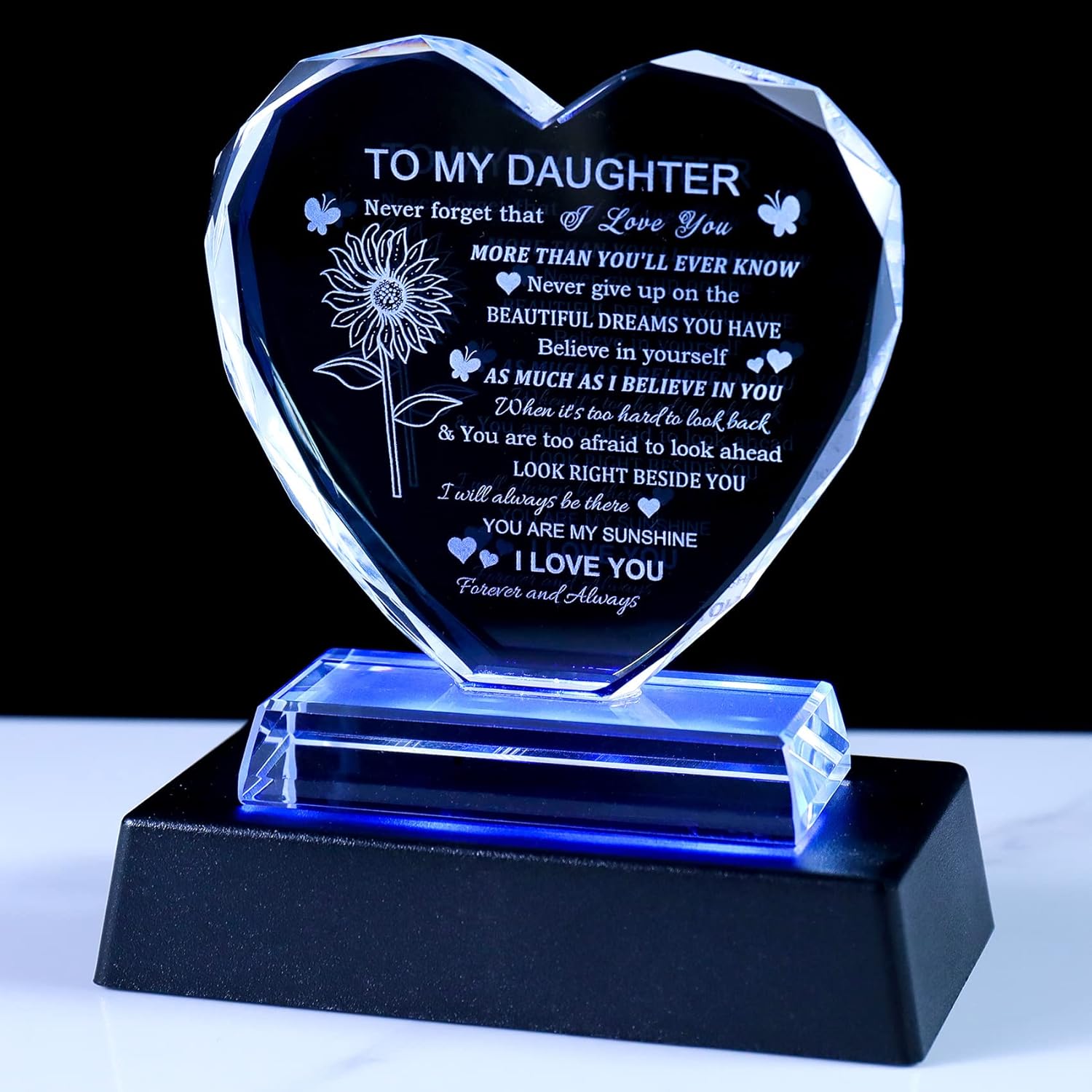 Heart-Shaped Glass Keepsake with LED Base for Daughter